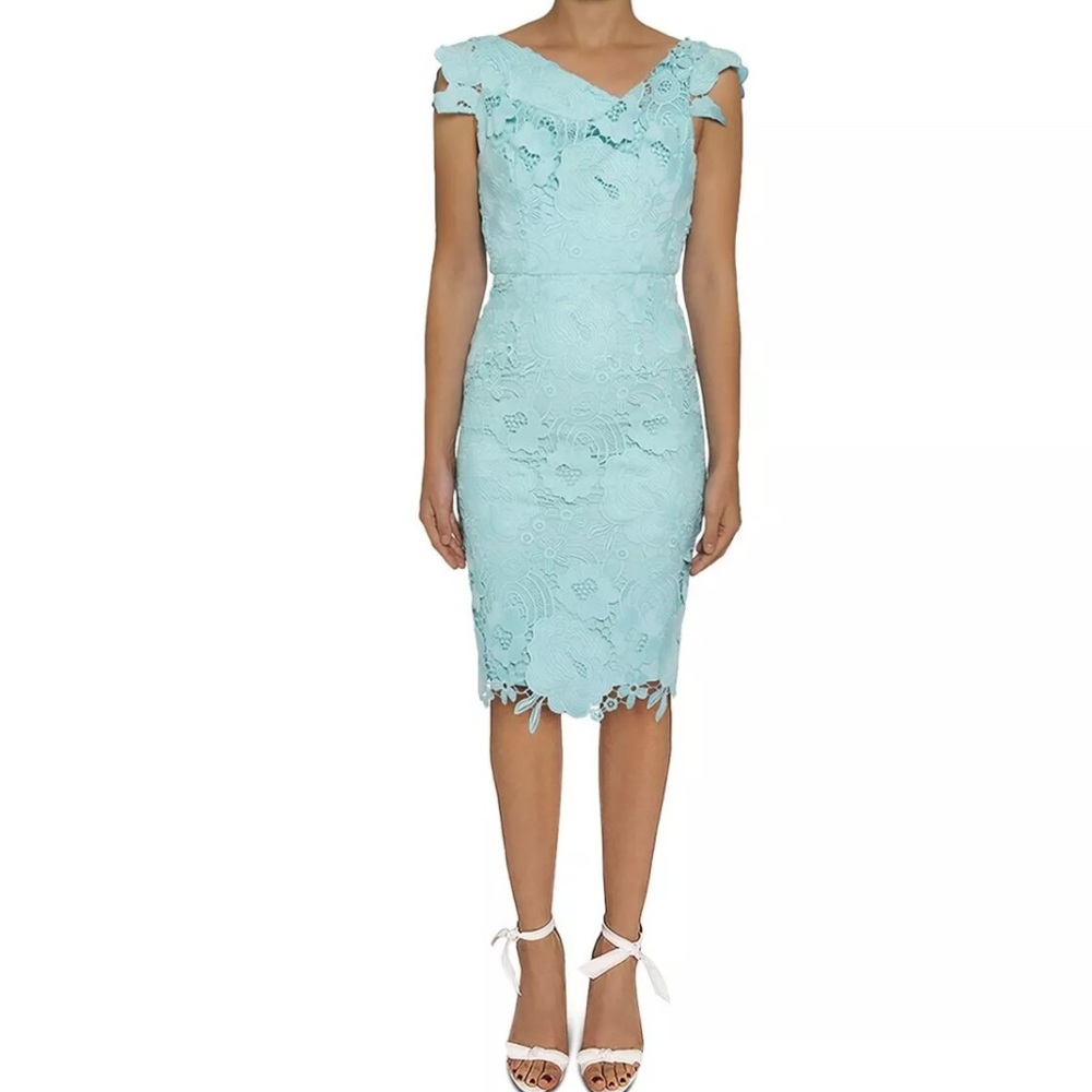 BLACK HALO Aqua Blue Lace Jackie O. Sheath Dress, Below Knee, Cap Sleeve, 2, EUC